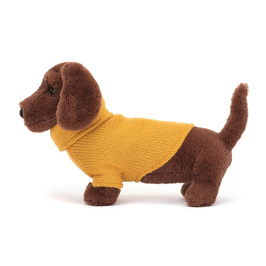 Peluche Chien Saucisse Sweater Jaune - H 14 cm